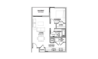 Unit A1-2  - 1 bedroom floorplan layout with 1 bath and 709 square feet