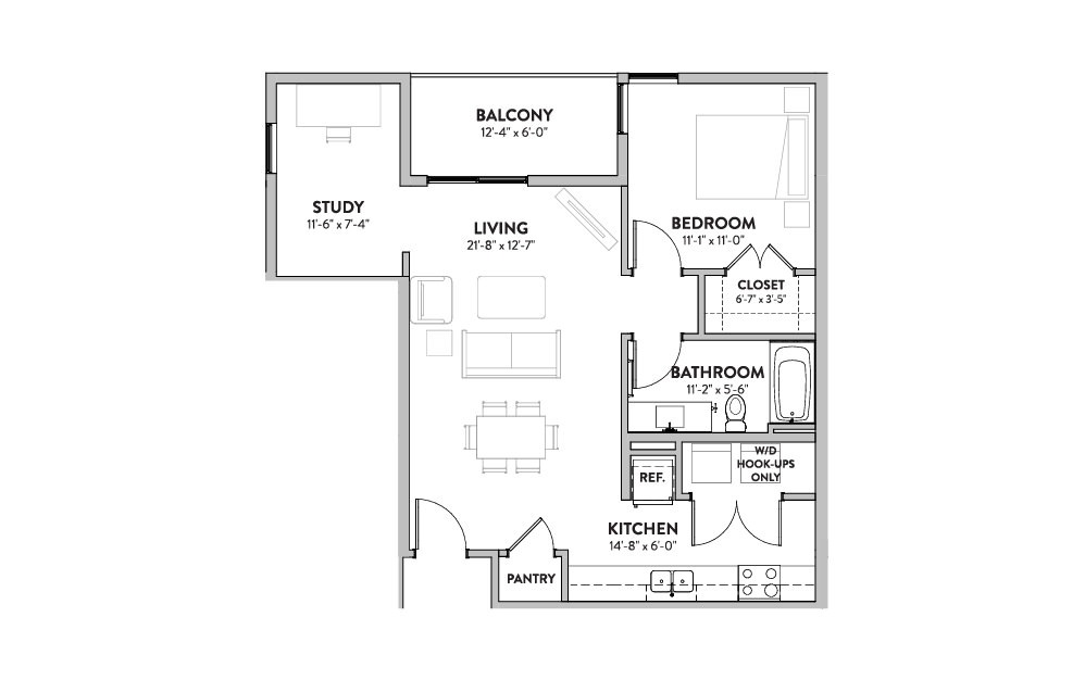 Unit A1-S  - 1 bedroom floorplan layout with 1 bath and 809 square feet (1st floor 2D)