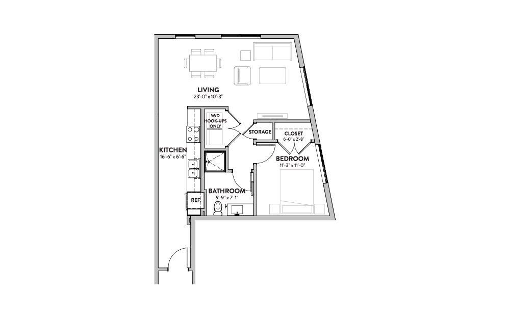 Unit A2  - 1 bedroom floorplan layout with 1 bath and 709 square feet (1st floor 2D)