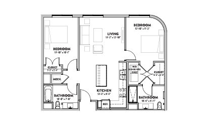 Unit B1  - 2 bedroom floorplan layout with 2 bath and 1004 square feet