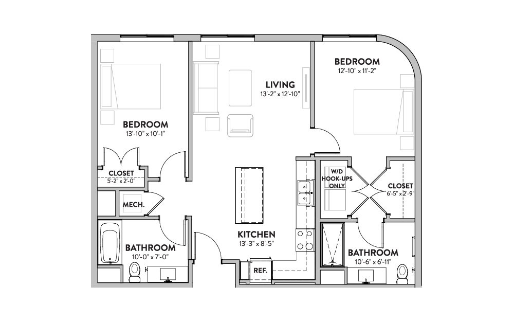 Unit B1  - 2 bedroom floorplan layout with 2 bath and 1004 square feet (1st floor 2D)