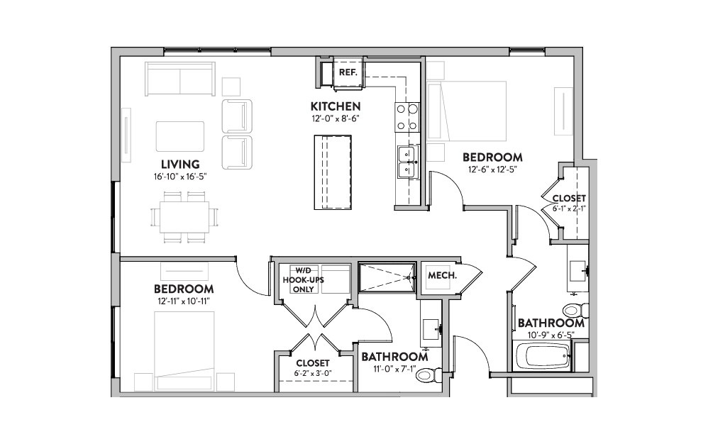 Riviera - 2 bedroom floorplan layout with 2 bath and 1141 square feet (1st floor 2D)