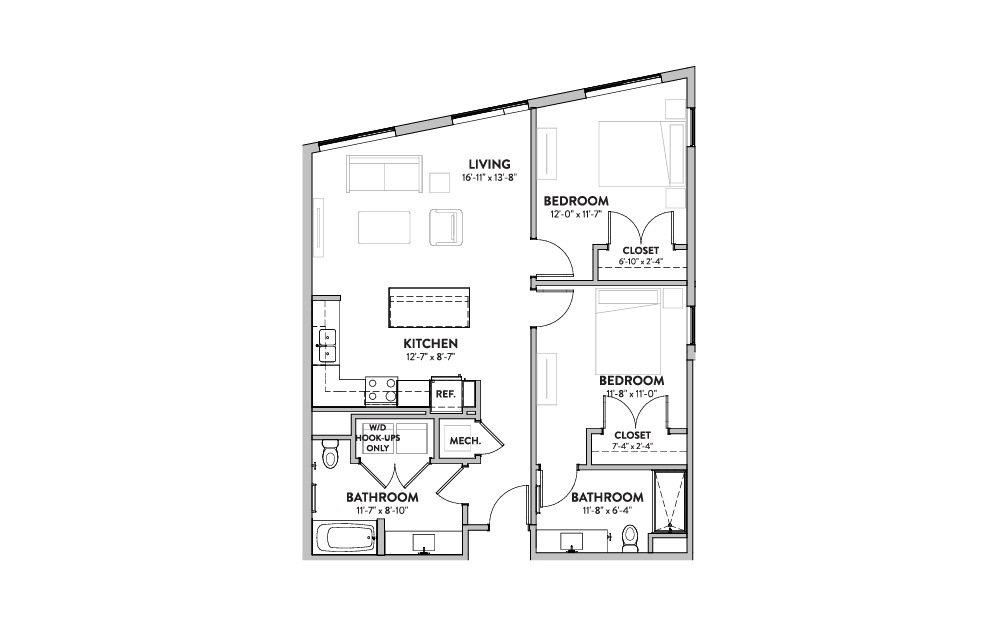 Unit B3  - 2 bedroom floorplan layout with 2 bath and 1045 square feet (1st floor 2D)