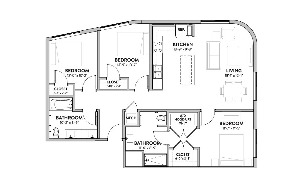 San Felipe - 3 bedroom floorplan layout with 2 bath and 1244 square feet (1st floor 2D)